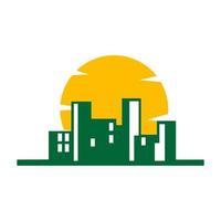 bâtiment de la ville verte avec le lever du soleil logo design vecteur graphique symbole icône signe illustration idée créative