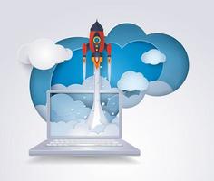 lancement de fusée de l'ordinateur destop au nuage de ciel, concept de démarrage d'idée d'entreprise. vecteur