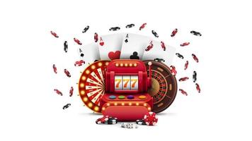 machine à sous rouge, fortune de roue de casino, roue de roulette, jetons de poker et cartes à jouer en style dessin animé isolé sur fond blanc