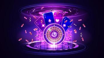 roue de roulette de casino au néon rose brillant avec cartes à jouer, jetons de poker et hologramme d'anneaux numériques dans une scène vide sombre