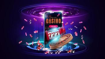 casino en ligne, bannière avec smartphone, roulette de casino, machine à sous, jetons de poker et hologramme d'anneaux numériques sur scène rose et bleue vecteur