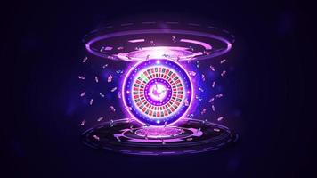 roue de roulette de casino au néon rose brillant avec jetons de poker et hologramme d'anneaux numériques dans une scène vide sombre vecteur