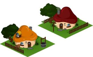 maisons de champignons hobbit isométriques de vecteur avec des arbres
