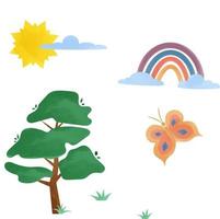 éléments d'aquarelle. arbre, arc-en-ciel, papillon, nuages, soleil, herbe.