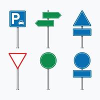 vecteur de signalisation routière vierge. ensemble de panneaux de signalisation sur fond blanc. panneaux de signalisation rouges, bleus et verts. enseigne publicitaire vierge. panneaux de signalisation colorés. panneau de stationnement, marque de direction, symbole d'avertissement.