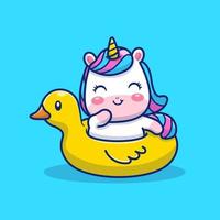 licorne mignonne flottant avec illustration d'icône de vecteur de dessin animé de pneus de canard de natation. concept d'icône de vacances animales isolé vecteur premium. style de dessin animé plat