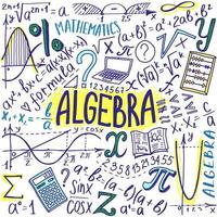 jeu d'icônes de symboles mathématiques. conception de doodle sujet algèbre ou mathématiques. concept d'éducation et d'étude. retour à l'arrière-plan de l'école pour cahier, pas de bloc-notes, carnet de croquis. illustration dessinée à la main. vecteur