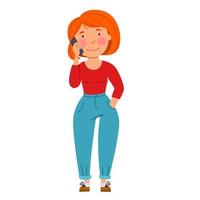 une fille aux cheveux roux parle au téléphone. Technologie sans fil. vecteur