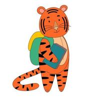 tigre va à l'école, animal mignon. l'idée d'un personnage pour une carte de voeux, une peinture murale pour enfant. vecteur