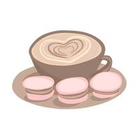 une tasse de café avec du lait et des macarons. illustration vectorielle de cappuccino avec coeur sur la garniture. concept de boisson et de dessert. vecteur