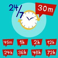 ensemble d'icônes de temps, flèche heures 1, 2, 12, 24,48 et 72, et minutes 30, 45. temps de service de livraison, 24 7, horloge de temps de travail. illustration plate. vecteur