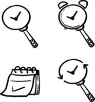 calendrier dessiné à la main et jeu d'icônes de ligne liées à l'horloge. icônes linéaires d'heure et de date. compte à rebours et minuterie vecteur