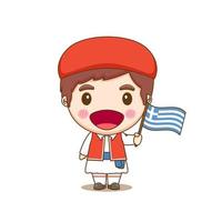 grec en costume national avec un drapeau. un garçon en costume traditionnel. personnage de dessin animé chibi vecteur