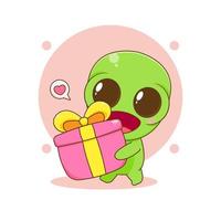 personnage de dessin animé extraterrestre mignon avec boîte-cadeau vecteur