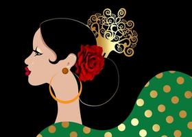 beau portrait femme latine espagnole, coiffures pour fille de flamenco portant des accessoires folkloriques peineta, fleur rose rouge et boucles d'oreilles, robe à pois, vecteur isolé sur fond noir