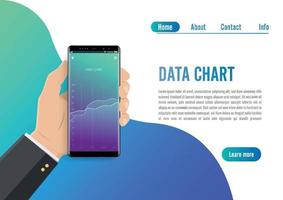 analyse des tendances du marché sur smartphone avec graphique linéaire et graphiques. la main tient le téléphone. concept de graphique de données. marketing de données de concept de design plat. visualiser avec la croissance du marketing graphique et graphique vecteur