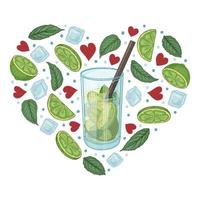 cocktail mojito au citron vert, menthe et glaçons. cœur. illustration vectorielle. vecteur