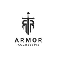 armure épée initiales rr pour l'inspiration de conception de logo d'assurance de droit militaire vecteur