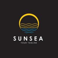 logo soleil et mer. ligne de vague océanique et style d'icône. sur fond sombre vecteur