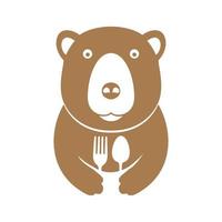 mignon grizzli avec cuillère fourchette logo symbole icône vecteur graphisme illustration idée créative