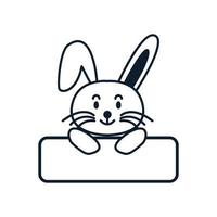 lapin ou lapin ou lièvre ligne de dessin animé mignon sourire avec bannière logo icône illustration vectorielle vecteur