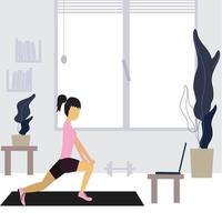 restez à la maison, restez en forme et positif. femme faisant de l'exercice sur un ordinateur portable. formation en ligne au gymnase à domicile. séance d'entraînement de remise en forme sportive sur Internet. mode de vie sain. isolement de quarantaine de coronavirus. vecteur