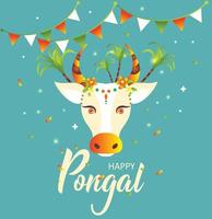 joyeux pongal. vache décorée et riz. carte de voeux pour le festival indien de la récolte. illustration vectorielle. vecteur