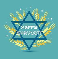 bonne chavouot. fête judaïque. carte de voeux d'Israël. illustration vectorielle avec félicitation dans un cadre d'épillets de blé sur fond bleu avec étoile bleue de david.