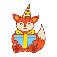 renard sourire dessin animé mignon avec boîte cadeau anniversaire logo icône illustration vectorielle vecteur