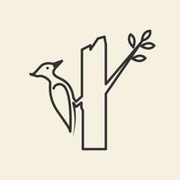 oiseau pic avec tronc d'arbre ligne logo symbole icône vecteur graphique conception illustration idée créative