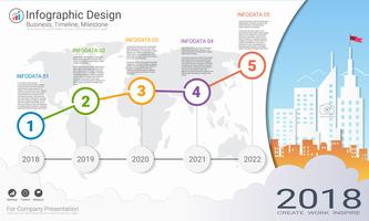 Modèle d&#39;infographie d&#39;entreprise, chronologie du jalon ou feuille de route avec options de l&#39;organigramme 5. vecteur