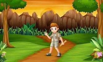garçon scout explorant la forêt avec ses cartes vecteur