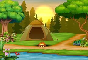fond de camping sur paysage coucher de soleil vecteur