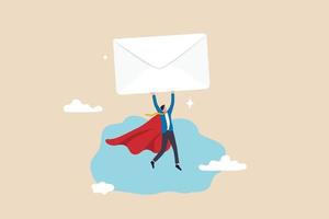 communication par e-mail, campagne de marketing par abonnement, envoi de message ou concept d'information, super-héros d'homme d'affaires transportant une grosse enveloppe d'e-mail volant à l'adresse du destinataire. vecteur