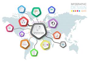 Infographie des étiquettes commerciales sur fond de carte mondial. vecteur