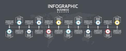 idée d'entreprise de présentation de modèle d'infographie de chronologie avec des icônes, des options ou des étapes. les infographies pour les idées commerciales peuvent être utilisées pour les graphiques de données, les organigrammes, les sites Web, les bannières. vecteur