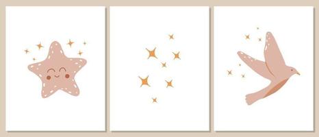 illustration vectorielle d'étoile et d'oiseau dans le style bohème des enfants. ensemble d'affiches d'étoiles et d'oiseaux brillants de style boho. décoration pour la pépinière. vecteur