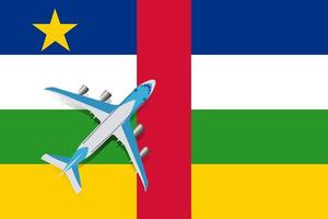 illustration vectorielle d'un avion de passagers survolant le drapeau de la république centrafricaine. concept de tourisme et de voyage vecteur