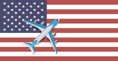 illustration vectorielle d'un avion de passagers survolant le drapeau des états-unis d'amérique. concept de tourisme et de voyage vecteur