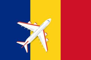 illustration vectorielle d'un avion de passagers survolant le drapeau de la roumanie. concept de tourisme et de voyage vecteur