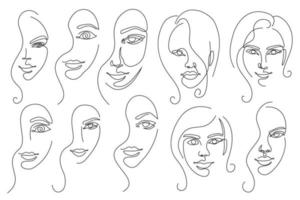 visage de femme dessin au trait vecteur. ensemble d'illustrations de visage féminin à contour mince noir. collection de portraits de femmes. illustration simple d'une ligne. dessin de contour unique. vecteur