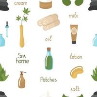 modèle sans couture de cosmétiques pour les soins de la peau avec des inscriptions. crème, savon, huile, lotion. vecteur. clipart pour les traitements de spa pour le visage et le corps. pour l'impression sur papier ou tissu vecteur