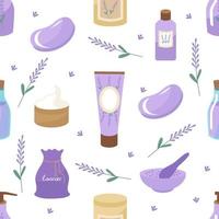 modèle sans couture de cosmétiques à la lavande pour les soins de la peau. crème, savon, huile, lotion. vecteur. clipart pour les traitements de spa pour le visage et le corps. pour l'impression sur papier ou tissu vecteur