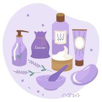 cosmétiques sertis de lavande pour les soins de la peau. crème, savon, lotion en pots et tubes. illustration vectorielle isolée. clipart pour les traitements de spa pour le visage et le corps. vecteur