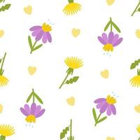 modèle sans couture avec pissenlits jaunes et fleurs lilas. illustration vectorielle botanique. pour le fond, l'impression sur papier ou tissu, le design ou la décoration vecteur