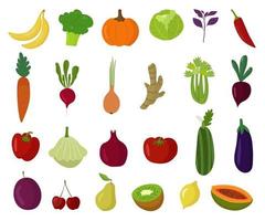 légumes, baies et fruits, un ensemble d'aliments végétariens sains. l'illustration vectorielle est isolée. une collection colorée de cliparts de ferme. bananes, brocoli, céleri, courgettes, cerises vecteur