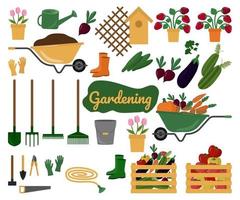 un ensemble d'éléments sur le thème du jardinage. outils, récolte, chaussures, légumes, fleurs. ensemble d'éléments vectoriels. vecteur