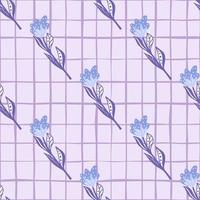 motif de doodle sans soudure d'éléments de fleurs bleues et violettes diagonales. fond quadrillé gris. vecteur