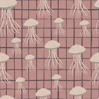 motif marin sans couture aléatoire avec des silhouettes de méduses. ornement d'animaux sauvages pâles sur fond quadrillé rose foncé. vecteur