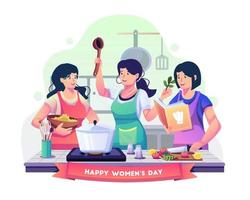 de belles femmes heureuses cuisinent ensemble dans la cuisine pour célébrer la journée de la femme. femmes faisant de la soupe avec des recettes, des ingrédients et des ustensiles de cuisine. illustration vectorielle de style plat vecteur